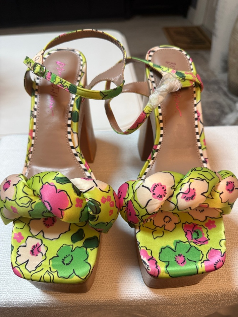 Betsey Johnson Lime Multi Floral Braided Strap Block Heels